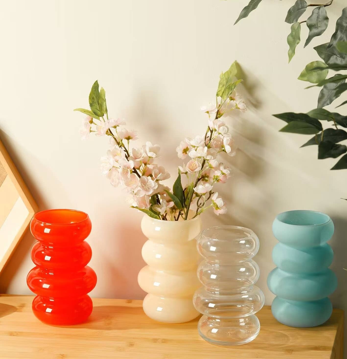 Glass Floral Vase, Small Vase w/Ring Layers, Tabletop Vases